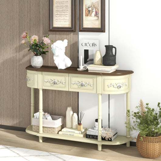 Retro Curved Console Table with Drawers and Solid Wood Legs-Beige on Sale