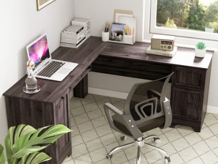 L-Shaped Office Desk with Storage Drawers and Keyboard Tray-Dark Brown Fashion