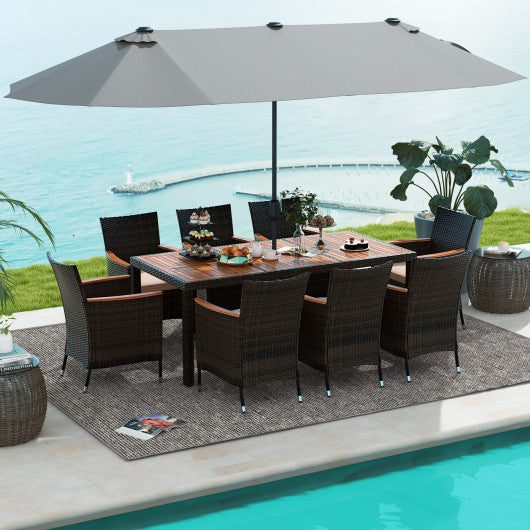 9 Piece Outdoor Dining Set with 15 Feet Double-Sided Twin Patio Umbrella-Gray Supply