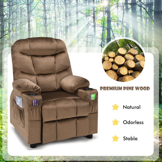 Kids PU Leather Velvet Fabric Kids Recliner Chair with Cup Holders-Light Brown Online Sale