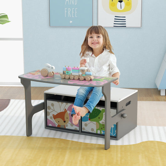 3 in 1 Kids Convertible Activity Bench with 2 Removable Fabric Bins-Gray Online Sale