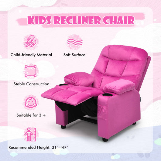 Kids PU Leather Velvet Fabric Kids Recliner Chair with Cup Holders-Pink Online Hot Sale