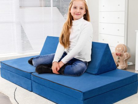 4-Piece Convertible Kids Couch Set with 2 Folding Mats-Blue Discount