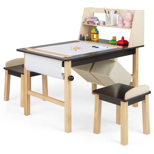 Kids Art Table and Chairs Set with Paper Roll and Storage Bins-Coffee Cheap