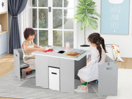 4-in-1 Kids Table and Chairs with Multiple Storage for Learning-Gray Hot on Sale