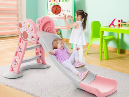 3-in-1 Folding Slide Playset with Basketball Hoop and Small Basketball-Pink Sale