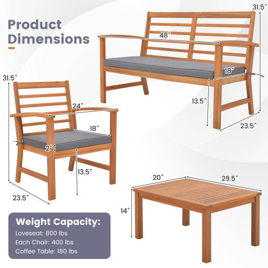 4 Pieces Outdoor Furniture Set with Stable Acacia Wood Frame-Gray Online