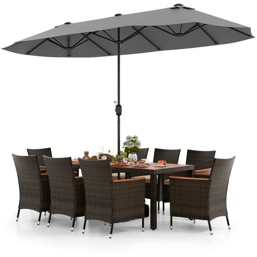 9 Piece Outdoor Dining Set with 15 Feet Double-Sided Twin Patio Umbrella-Gray Supply