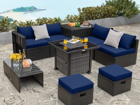 Outdoor 9 Pieces Patio Furniture Set with 50 000 BTU Propane Fire Pit Table-Navy Online now