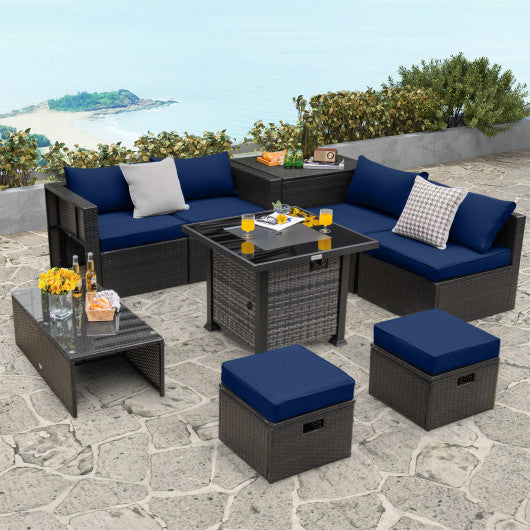 Outdoor 9 Pieces Patio Furniture Set with 50 000 BTU Propane Fire Pit Table-Navy Online now