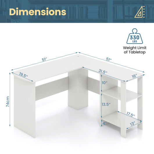 Large Modern L-shaped Computer Desk with 2 Cable Holes and 2 Storage Shelves-White Fashion