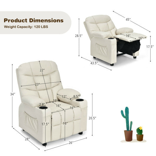 PU Leather Kids Recliner Chair with Cup Holders and Side Pockets-Beige Online Sale