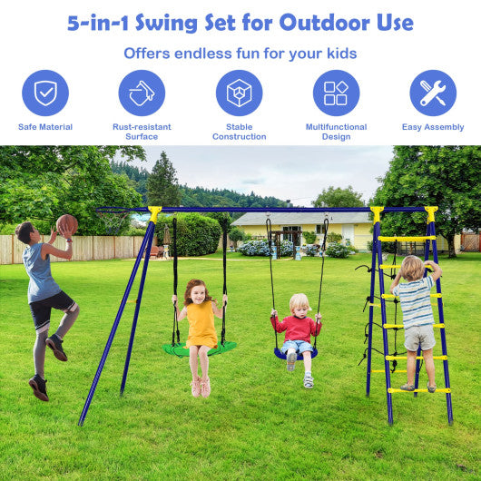 5-In-1 Outdoor Kids Swing Set with A-Shaped Metal Frame and Ground Stake For Cheap