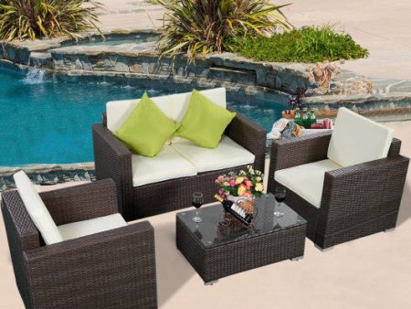 4 Pieces Brown Wicker Rattan Sofa Furniture Set Patio Garden Lawn Cushioned Seat Online Sale