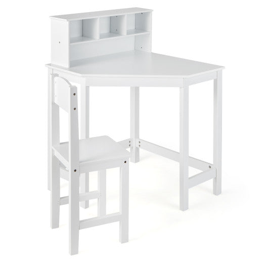 Kids Wooden Corner Desk and Chair Set with Hutch and Storage-White Online now