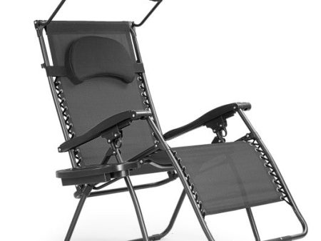 Folding Recliner Lounge Chair with Shade Canopy Cup Holder-Black Online now