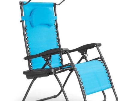 Folding Recliner Lounge Chair with Shade Canopy Cup Holder-Blue Supply