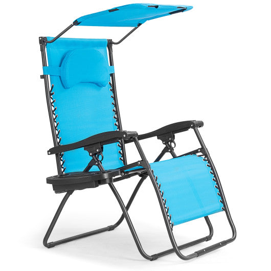 Folding Recliner Lounge Chair with Shade Canopy Cup Holder-Blue Supply