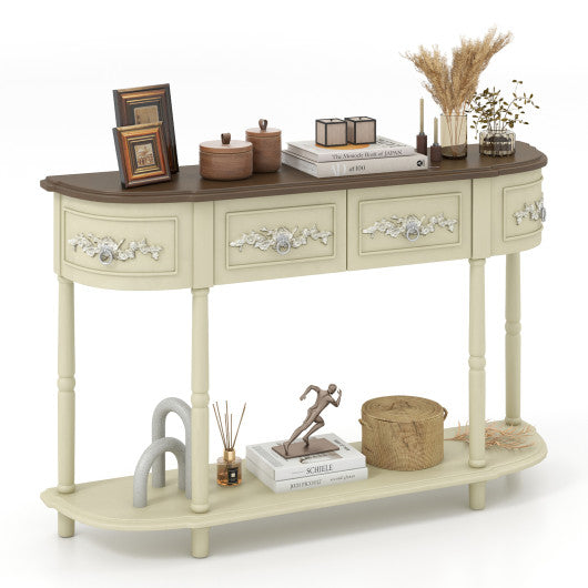 Retro Curved Console Table with Drawers and Solid Wood Legs-Beige on Sale