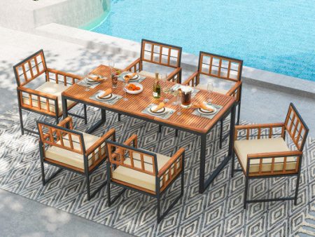 7 Pieces Patio Acacia Wood Dining Set with Soft Cushions and Umbrella Hole-Natural Online Sale