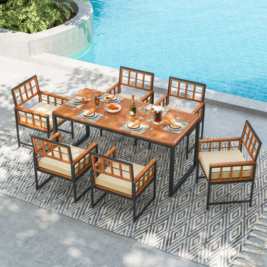 7 Pieces Patio Acacia Wood Dining Set with Soft Cushions and Umbrella Hole-Natural Online Sale