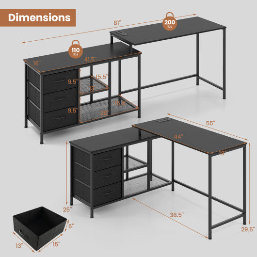 L-shaped Computer Desk with Power Outlet for Working Studying Gaming-Black For Cheap