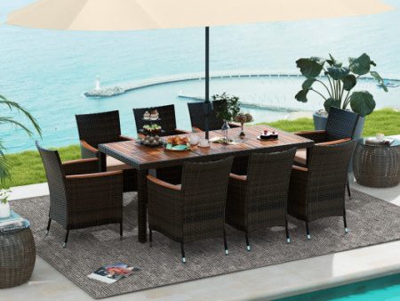 9 Piece Outdoor Dining Set with 15 Feet Double-Sided Twin Patio Umbrella-Beige Sale