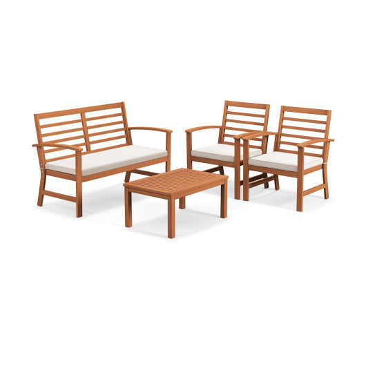 4 Pieces Outdoor Furniture Set with Stable Acacia Wood Frame-Beige For Sale