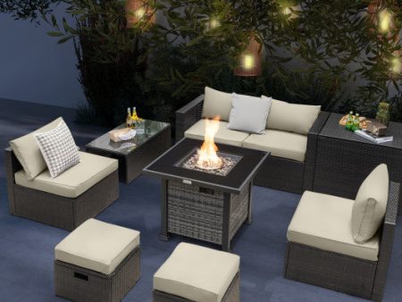 Outdoor 9 Pieces Patio Furniture Set with 50 000 BTU Propane Fire Pit Table-Off White Online