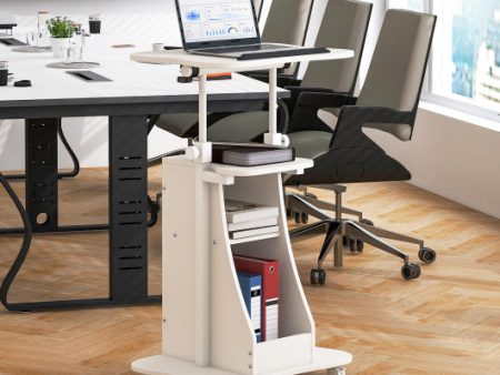 Mobile Podium Stand Height Adjustable Laptop Cart with Tilting Tabletop and Storage Compartments-White For Sale