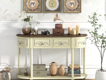 Retro Curved Console Table with Drawers and Solid Wood Legs-Beige on Sale