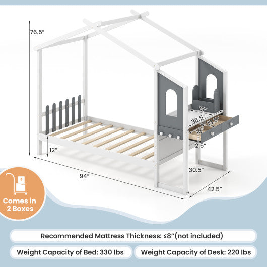 Twin Full Bed Frame with House Roof Canopy and Fence for Kids-Full Size For Sale