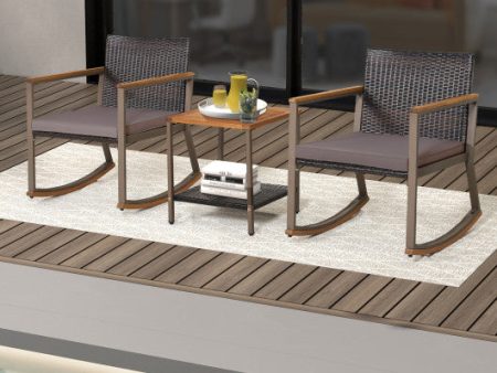 3 Pieces Rattan Rocking Bistro Set with Coffee Table and Cushions-Gray Hot on Sale