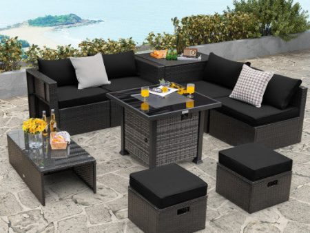 Outdoor 9 Pieces Patio Furniture Set with 50 000 BTU Propane Fire Pit Table-Black Online