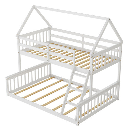 Twin Over Full House Bunk Bed with Ladder and Guardrails-White Online Sale