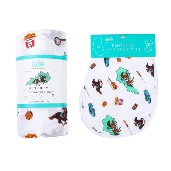 Gift Set: Kentucky Baby Muslin Swaddle Blanket and Burp Cloth Bib Combo by Little Hometown Online Hot Sale