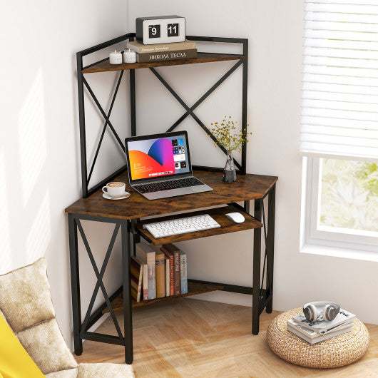 Space-Saving Corner Computer Desk with with Hutch and Keyboard Tray-Rust Brown For Discount