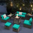 Outdoor 9 Pieces Patio Furniture Set with 50 000 BTU Propane Fire Pit Table-Turquoise Fashion