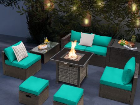 Outdoor 9 Pieces Patio Furniture Set with 50 000 BTU Propane Fire Pit Table-Turquoise Fashion