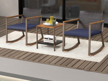 3 Pieces Rattan Rocking Bistro Set with Coffee Table and Cushions-Navy For Discount