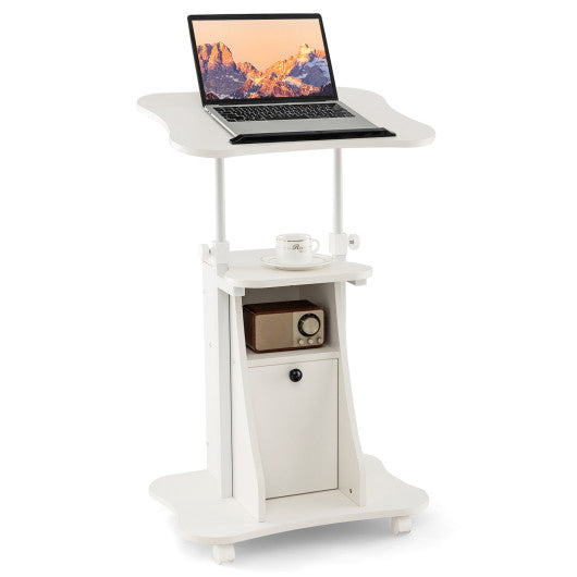 Adjustable Mobile Standing Desk Cart with Tilt Desktop and Cabinet-White Online Sale