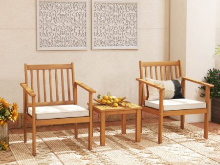 3 Pieces Patio Wood Furniture Set with soft Cushions for Porch-White For Cheap