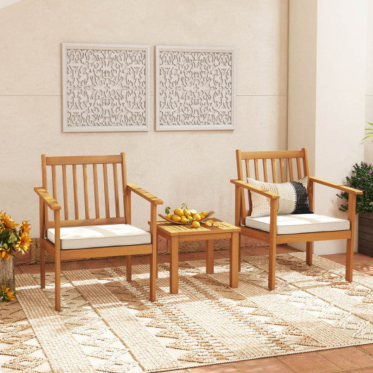 3 Pieces Patio Wood Furniture Set with soft Cushions for Porch-White For Cheap