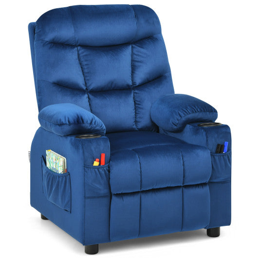 Kids PU Leather Velvet Fabric Kids Recliner Chair with Cup Holders-Light Blue Hot on Sale