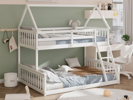 Twin Over Full House Bunk Bed with Ladder and Guardrails-White Online Sale