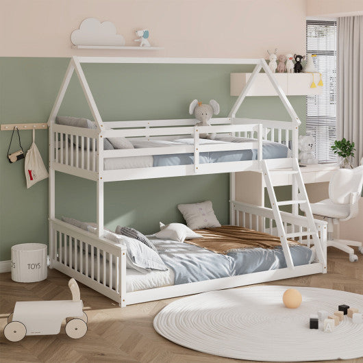 Twin Over Full House Bunk Bed with Ladder and Guardrails-White Online Sale