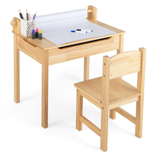 Toddler Multifunctional Activity Table and Chair Set with Paper Roll Holder-Natural Online