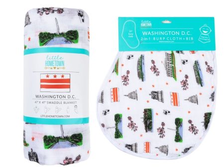 Gift Set: Washington D.C. Baby Muslin Swaddle Blanket and Burp Cloth Bib Combo by Little Hometown For Cheap