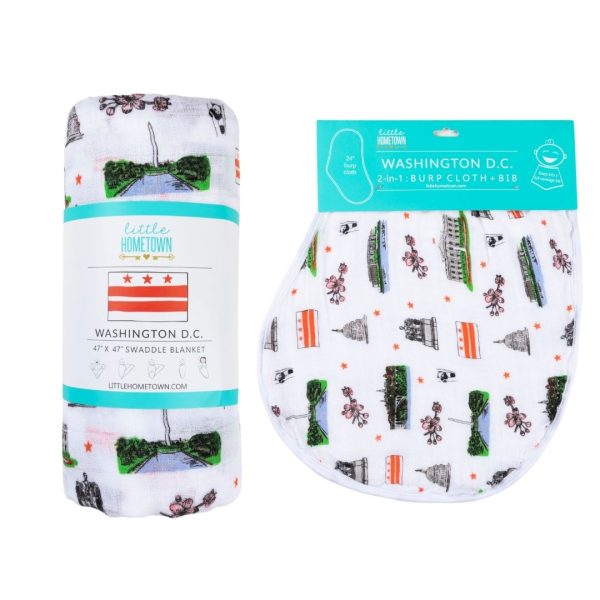 Gift Set: Washington D.C. Baby Muslin Swaddle Blanket and Burp Cloth Bib Combo by Little Hometown For Cheap