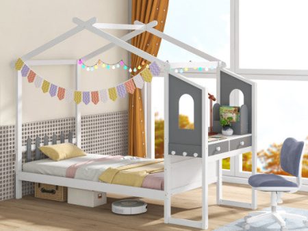 Twin Full Bed Frame with House Roof Canopy and Fence for Kids-Full Size For Sale